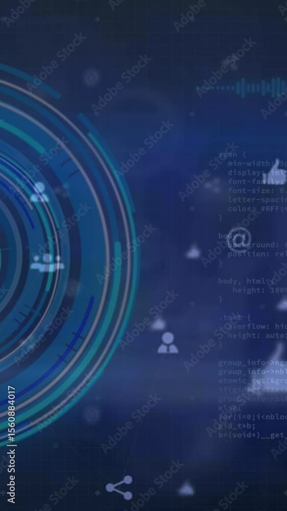 Poster animation of digital circles, computer languages with social media icons on abstract background