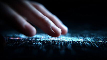 Touching the Quantum Pixel: a fingertip meets a field of shimmering datapoints, capturing the moment tactile intuition bridges the realm of digital information.
