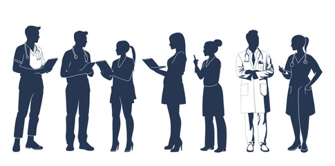 A female healthcare worker's silhouette is depicted, showcasing a happy, smiling doctor with a stethoscope, as well as a female nurse in a blue uniform posing, with various color options available in