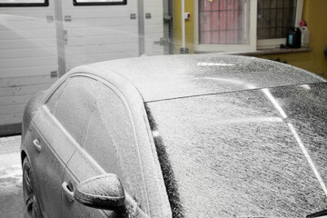 High-pressure snow foam application ensures deep cleaning and softens grime on car surface. Car...