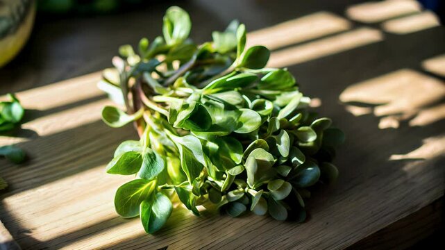 Fresh green purslane leaf bundle held by hand on wooden surface with natural light creating healthy, vibrant, and organic atmosphere
