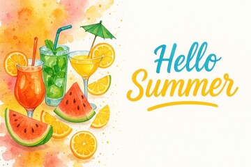 Vibrant Summer Illustration with Colorful Cocktails and Fruit Slices