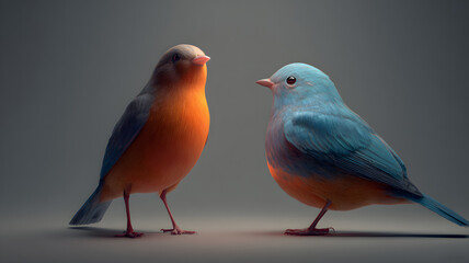 Fototapeta premium Two captivating birds, one blue and one orange, stand gracefully against a neutral backdrop in a minimalist composition.