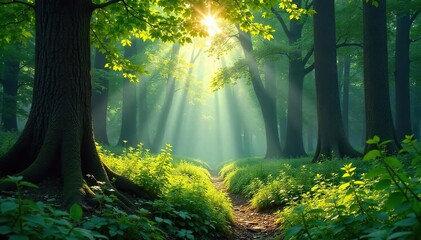 Sun Dappled Old Growth Forest Lush Canopy, Vibrant Green Undergrowth, Towering Trees, Peaceful Untouched Nature