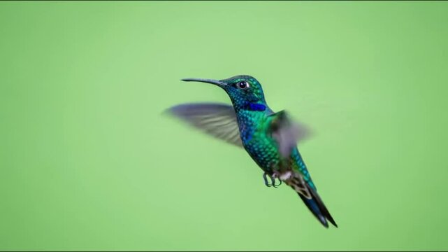 A hummingbird with green and blue feathers flying in front of a light green colored background space