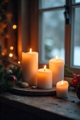Warm Candlelight Glow on Rustic Wood Cozy Winter Scene Perfect for Holiday Cards, Hygge Ambiance, and Winter-Themed Designs