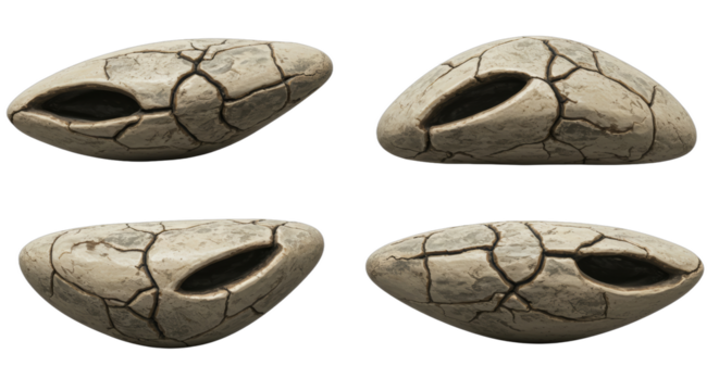 Four ancient cracked oracle bone carvings on a white background showcasing history