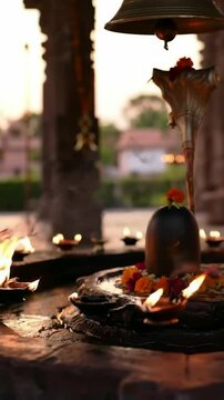 "Slow-motion video of aarti with oil lamps circling around a Shivling, surrounded by ringing bells and Vedic chanting