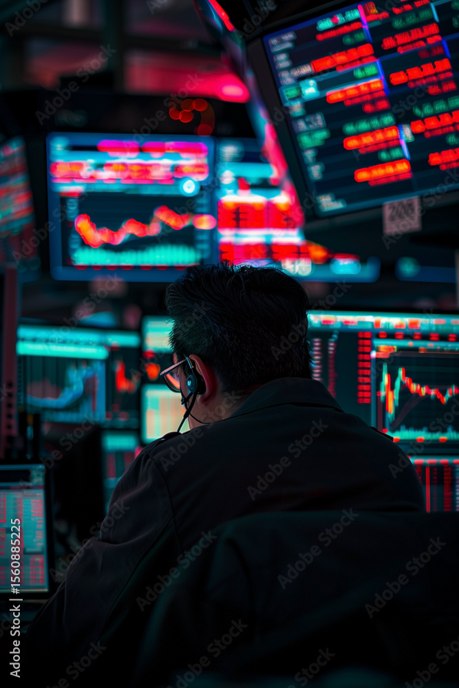 Aufkleber trader analyzes market data on multiple screens, seeking investment opportunities in a fast-paced fi