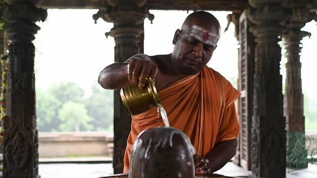 serene morning scene of a priest performing Shivling Abhishekam with milk, honey, and water, in a peaceful temple surrounded by nature."