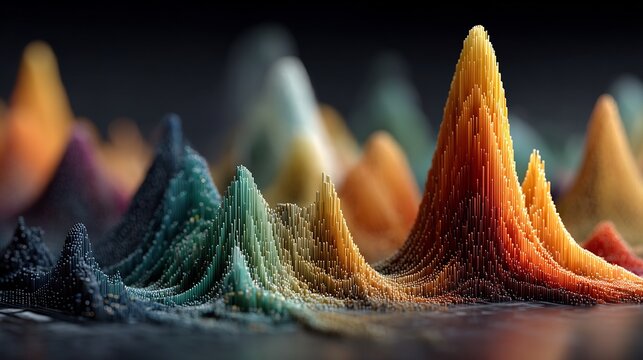 Conceptual visualization of probability theory bell curve statistical graphs colorful probability distributions abstract 3D data models clean digital background analytical theme