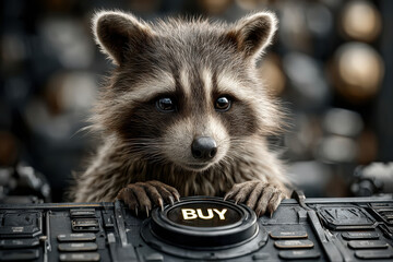 Cute raccoon pressing buy button on futuristic control panel in technology setting