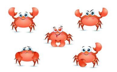 Set of Cartoon Cute Red emotional crabs. Cute crab vector icon illustration, mascot logo, cartoon animal style.