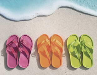 A row of jelly sandals in neon colors on a white sand beach, captured in flat lay