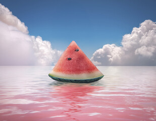 A surreal watermelon slice turning into a sailboat gliding across a cotton-candy ocean