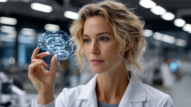 Scientist woman examining holographic brain model in futuristic laboratory, AI research and future concept