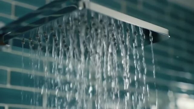 Close up shot of a square shower head with water running in a bathroom with blue tiles