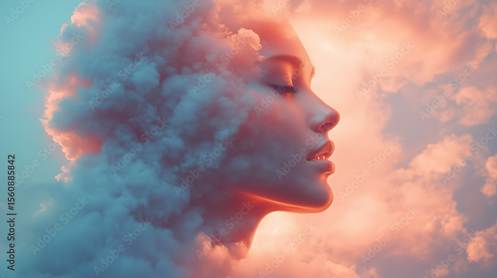 Poster mysterious woman’s profile emerges from swirling clouds at twilight, creating a dreamlike atmosphere