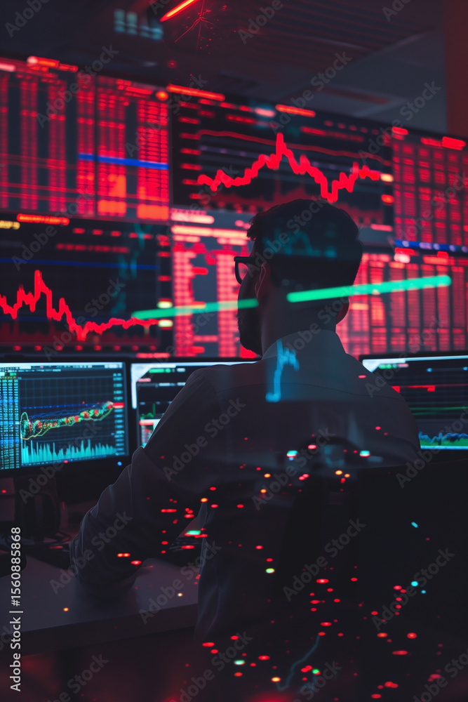Aufkleber analyst views financial downturn with stock market crash displaying on screens. data analysis for cr