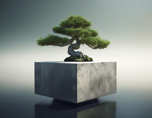 A bonsai tree growing on top of a levitating concrete cube