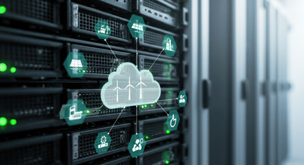 Cloud computing and data storage with renewable energy icons