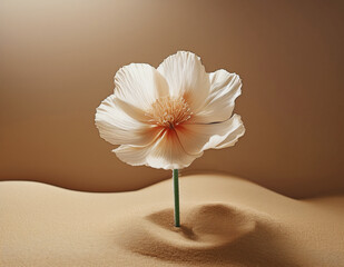 A desert flower emerging from the sand, its delicate petals reaching upward as the sunlight pours down from above