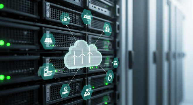 Cloud computing and data storage with renewable energy icons - Powered by Adobe
