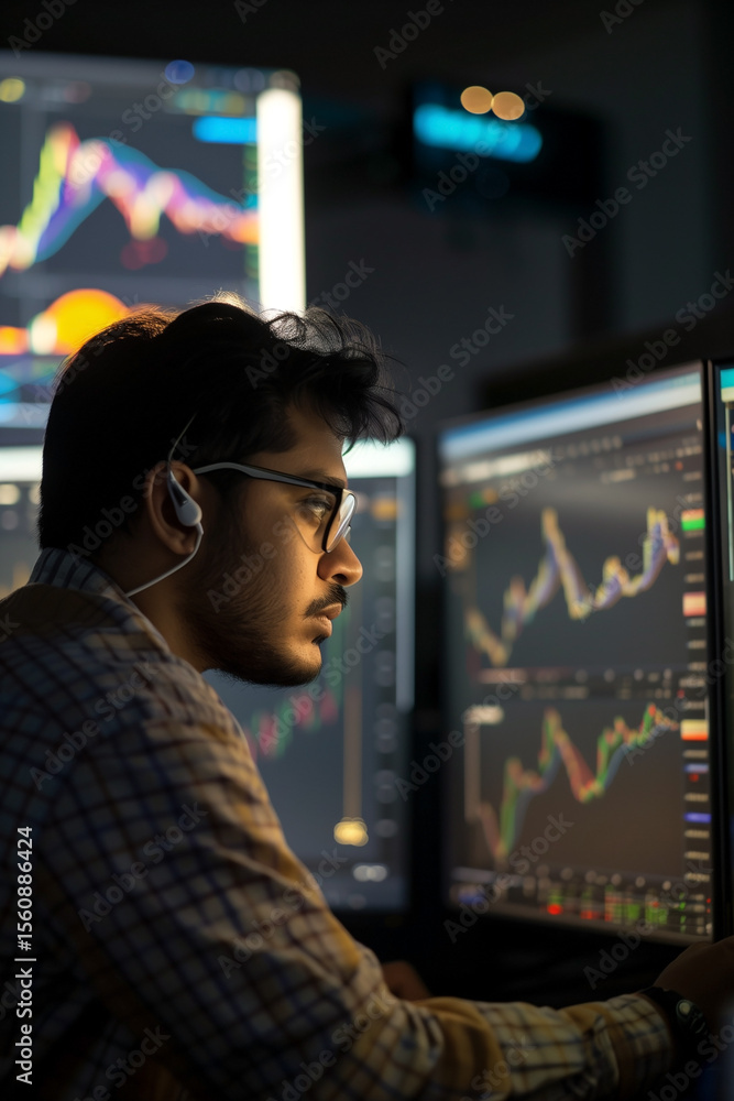 Aufkleber focused on the data, a person analyzes financial charts and graphs on multiple computer screens in a