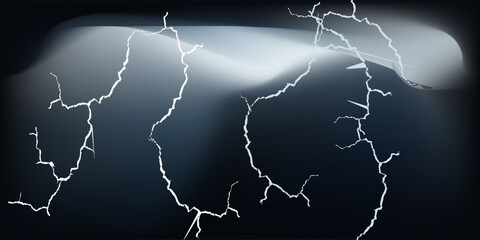 Thunderous dark sky with black clouds and flashing lightning. Panoramic view. Concept on the theme of weather, natural disasters, storms, typhoons, tornadoes, thunderstorms, lightning, lightning.