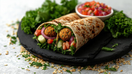 Fresh falafel wraps served on a slate platter with colorful salsa and greens, perfect for a healthy snack or meal option Generative AI