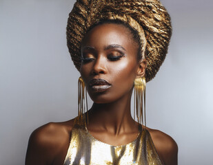 Afro-futurist queen with gold foil textures and glitching earrings