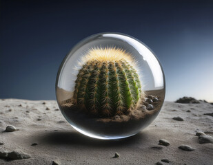 Cactus in a glass orb on a lunar surface