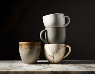 Ceramic mugs stacked unevenly on a cracked marble pedestal with harsh studio lighting