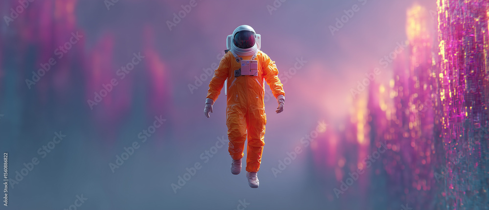 Poster astronaut floats in a surreal cosmic landscape with vibrant colors and shards of crystal formations 