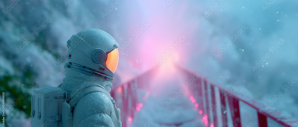 Poster astronaut exploring a futuristic icy landscape while standing on a bridge illuminated by a glowing l