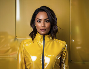 Close-up portrait of a futuristic female model wearing a glossy yellow latex high-collar jacket.