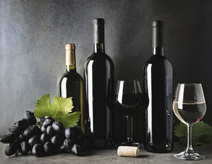 High-contrast still life of wine bottles and grapes in dappled shade on a concrete table