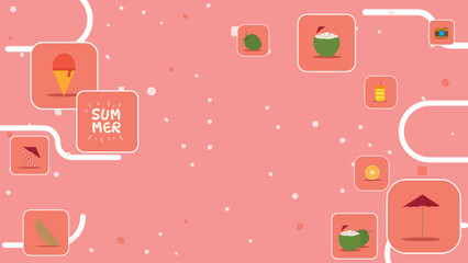 Flat Design Summer Icons with Tropical Drinks and Elements on Pink Background for Web and Poster