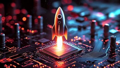A digital illustration depicting a rocket launch powered by an AI chip.