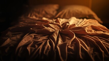 Unmade bed with crumpled brown sheets and pillows illuminated by natural sunlight focusing on the gathered fabric in the center. Bedroom and crumpled texture concept
