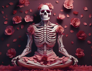 Skeleton made of rose petals, seated in lotus position.