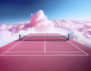 Tennis court floating in a sky filled with cotton candy clouds
