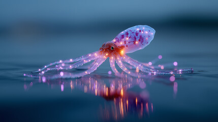 Colorful bioluminescent octopus glowing in shallow water during twilight at a serene beach Generative AI