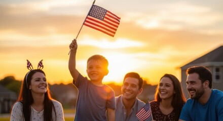 Happy Family Celebrating with American Flags at Sunset