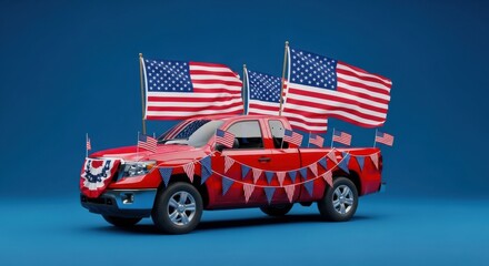 Red Pickup Truck Decorated with American Flags and Bunting