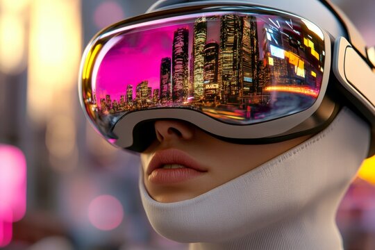 Cityscape reflected in futuristic virtual reality headset worn by a woman, showcasing technology and metaverse concepts. - Powered by Adobe