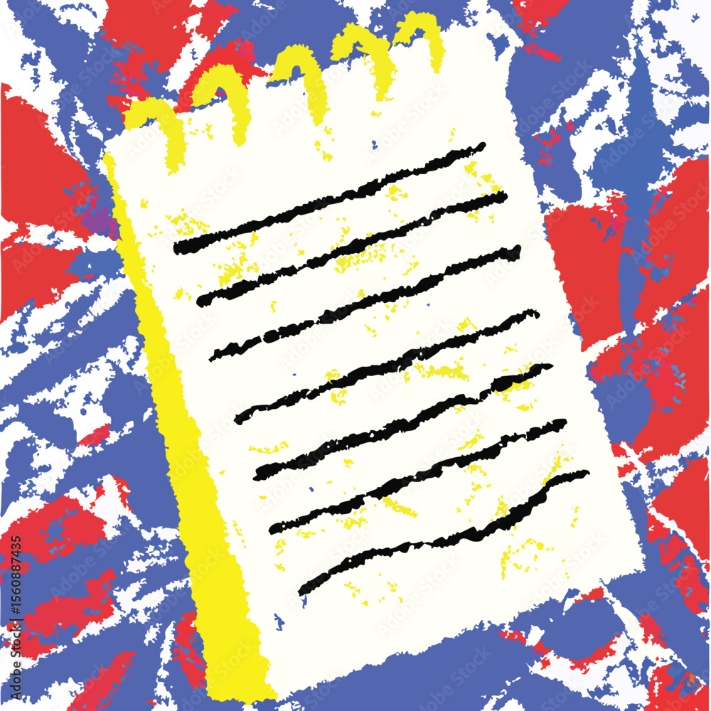 Poster abstract composition of a notepad on a textured background with vibrant colors