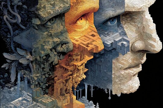 Dreamlike human profile divided into three vertical layers conscious light subconscious fluid unconscious dark filled surreal icons like floating eyes mazes water and masks symbolic composition