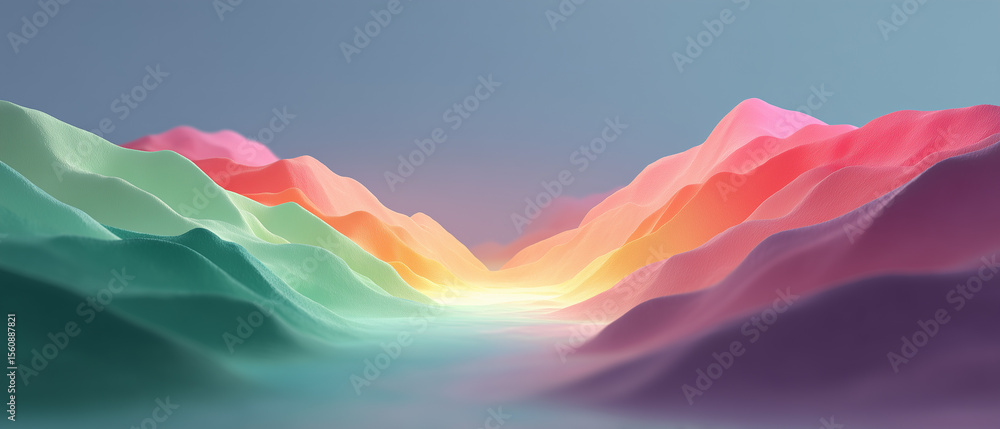 Poster vibrant digital landscape showcasing colorful mountain ranges at dawn with soft light illuminating t