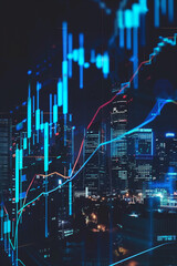 Cityscape Finance: Data streams illuminate the skyline, representing financial markets and technological advancements.